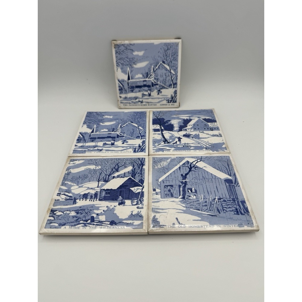 Lot Of 5 Currier & Ives Cast Iron & Ceramic Tile Trivets Vintage Early Americana